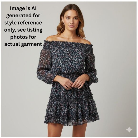 MUCHE MUCHETTE Off Shoulder Floral Tiered Mini Dress Navy Pink Size OS - Picture 1 of 9